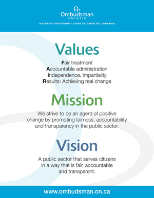 Image listing our values, mission and vision.