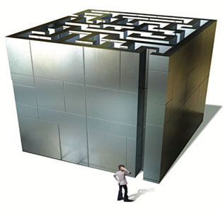 Link to PDF of poster titled Not sure where to turn? We can help. Image of person outside a maze