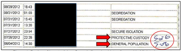 Figure 1: Portion of inmate Adam Capay's "housing history" record in Ministry's computer system indicates different descriptions of his placement. An employee hand-corrected this after we pointed out the errors, adding the notation "SEG" for “segregation.”