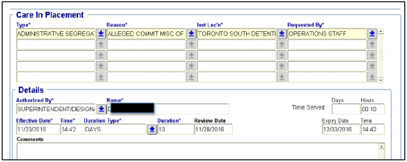 Figure 3: Example of the "Care in Placement" tool in the Offender Tracking Information System (OTIS), now in use for tracking segregation placements.