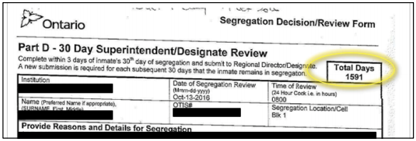Figure 6: Adam Capay's segregation review form from October 13, 2016, showing the correct total - 1,591 days in segregation.