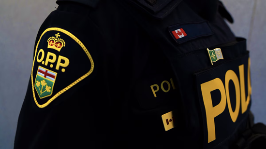 Franco-Ontarian flag on the uniform of an Ontario Provincial Police officer, signifying the officer speaks French. (Source: OPP Facebook account.)