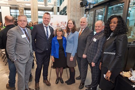 February 26, 2020: Commissioner Kelly Burke, Ombudsman Paul Dubé and French Language Services Unit Director Carl Bouchard with Dyane Adam (centre), head of the planning committee of the Université de l’Ontario français (UOF), at the UOF’s official launch, Toronto.