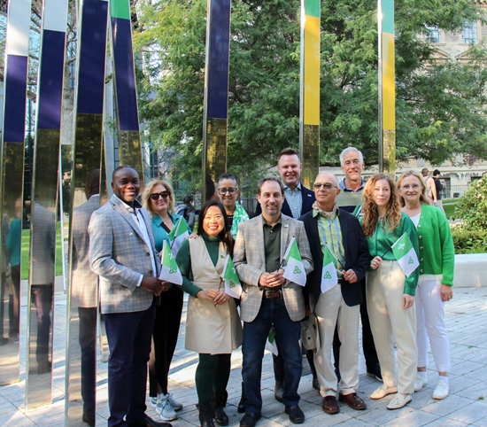 September 25, 2023: Staff of the French Language Services Unit with Interim Commissioner Carl Bouchard at the Franco-Ontarian Monument on Franco-Ontarian Day, Toronto. The FLS Unit is supported by the Ombudsman’s Legal Services, Communications, Finance, IT, and People and Culture teams.