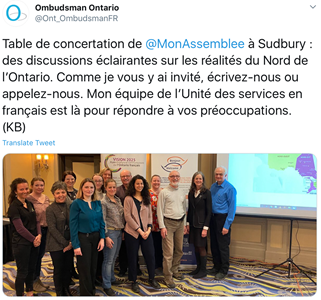 12 mars 2020 : Tweet de la Commissaire Kelly Burke à la discussion sur les services en français dans le Nord de l’Ontario, lors de la table ronde de l’Assemblée de la francophonie de l’Ontario, à Sudbury.