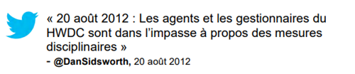 Commentaire : « 20 août 2012 : Les agents et les gestionnaires du HWDC sont dans l'impasse à propos des mesures disciplinaires » @DanSidsworth, 20 août 2012