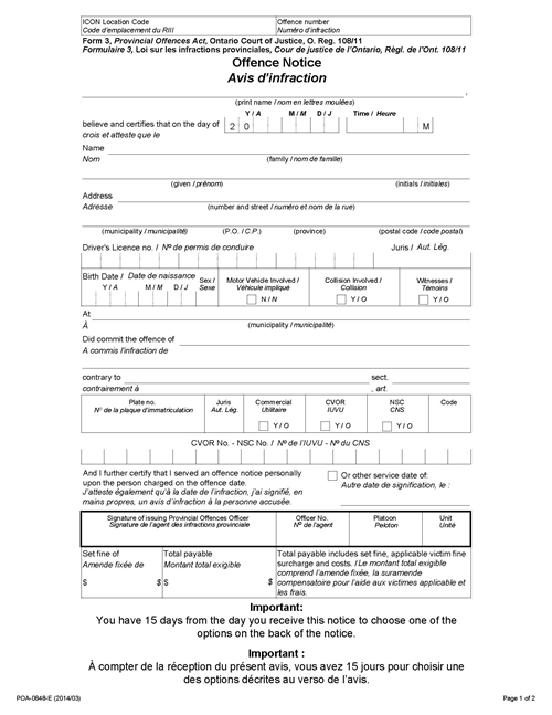 page 1 du formulaire d'Avis d'infraction