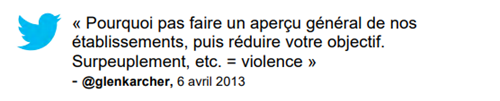 Commentaire : « Pourquoi pas faire un aperçu général de nos établissements, puis réduire votre objectif. Surpeuplement, etc. = violence » @glenkarcher, 6 avril 2013