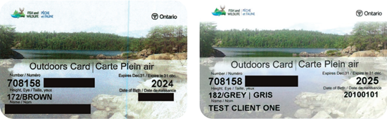 Outdoors card with unilingual eye colour only (left), and bilingual after our intervention.