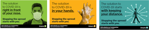 Figure 2: This COVID-19 safety campaign, promoting hand washing, masks and social distancing, was distributed in English only across the province from October through December 2020.