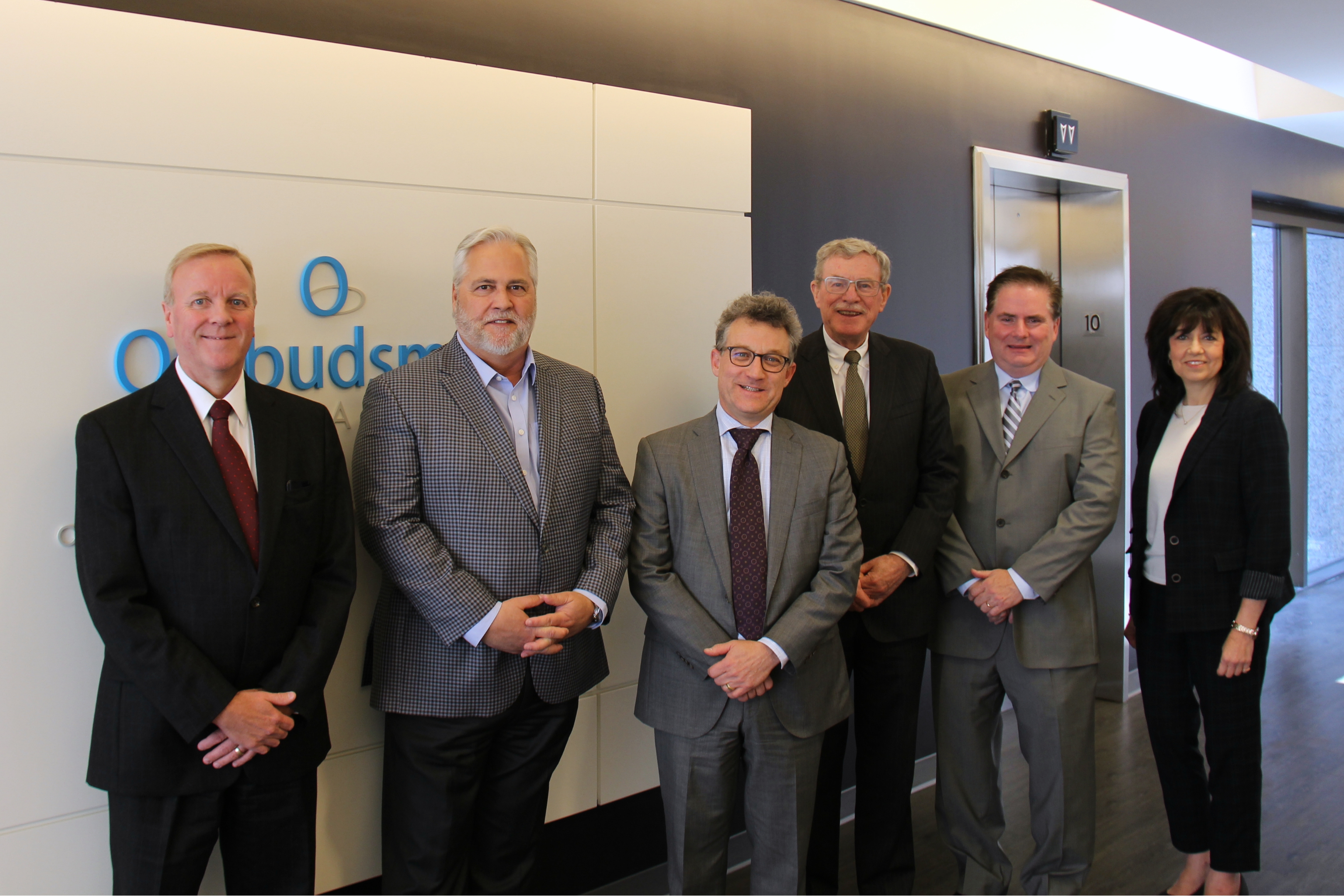 Ombudsman Paul Dubé meets with his fellow Officers of the Ontario Legislature at our Office. Left to right: Todd Decker, Clerk of the Legislature; Ombudsman Dubé; Peter Weltman, Financial Accountability Officer; David Wake, Integrity Commissioner; Greg Essensa, Chief Electoral Officer; Bonnie Lysyk, Auditor General.