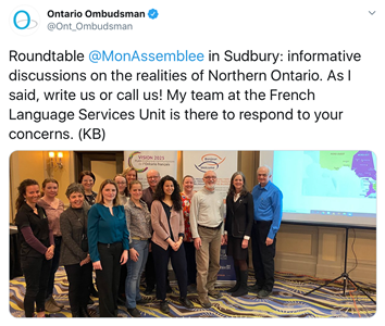 March 12, 2020: Tweet from Commissioner Kelly Burke at the Assemblée de la francophonie de l’Ontario’s roundtable discussion about French language services in Northern Ontario, Sudbury.