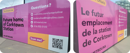 Signs announcing Corktown Station – the French versions (right) were added after our intervention.
