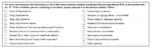 Figure 1: Excerpt from the Ministry of Transportation’s Medical Condition Report. A complete copy of this form can be found at Appendix A.