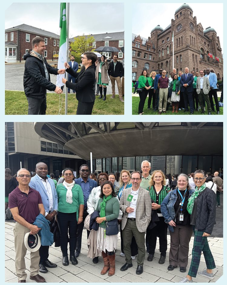 Franco-Ontarian Day: Three celebrations September 25, 2024: (Clockwise from top left) French Language Services Commissioner Carl Bouchard and Université de Hearst rector Aurélie Lacassagne raise the Franco-Ontarian flag on the university campus. Ombudsman Paul Dubé (centre) and Anne Sophie Leduc, Director of the French Language Services Unit (far left), with the French Language Services team at the Franco-Ontarian Day flag-raising at Queen’s Park. French Language Services Unit staff and other Ombudsman Ontario colleagues at the flag-raising at Toronto City Hall.