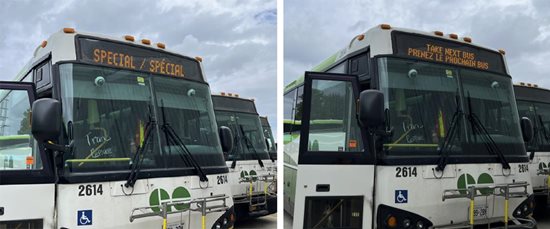 Messages bilingues affichés sur les autobus de GO Transit après notre intervention.