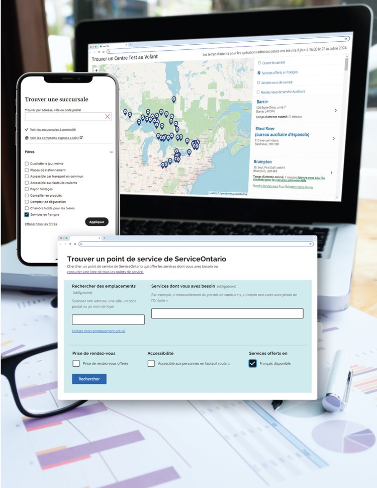 Pages Web permettant de filtrer les succursales offrant des services en français sur les sites Web de la Régie des alcools de l’Ontario, des centres Test au Volant et de ServiceOntario.