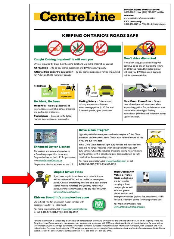 Figure 1: CentreLine insert - arrow denotes warning about unpaid fines.
