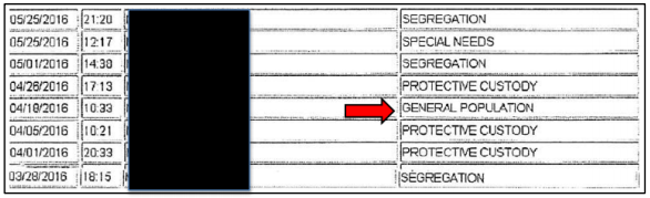 Figure 2: Partie de l’historique de l'hébergement de la détenue Theresa, montrant différentes descriptions de ses placements, dont « population générale ».