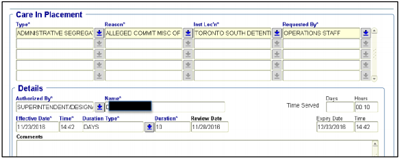 Figure 3: Exemple de l’outil « Care in Placement » à présent utilisé pour suivre les placements en isolement dans le Système informatique de suivi des contrevenants (SISC).