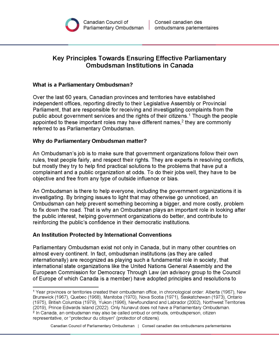 Key Principles Towards Ensuring Effective Parliamentary Ombudsman Institutions in Canada