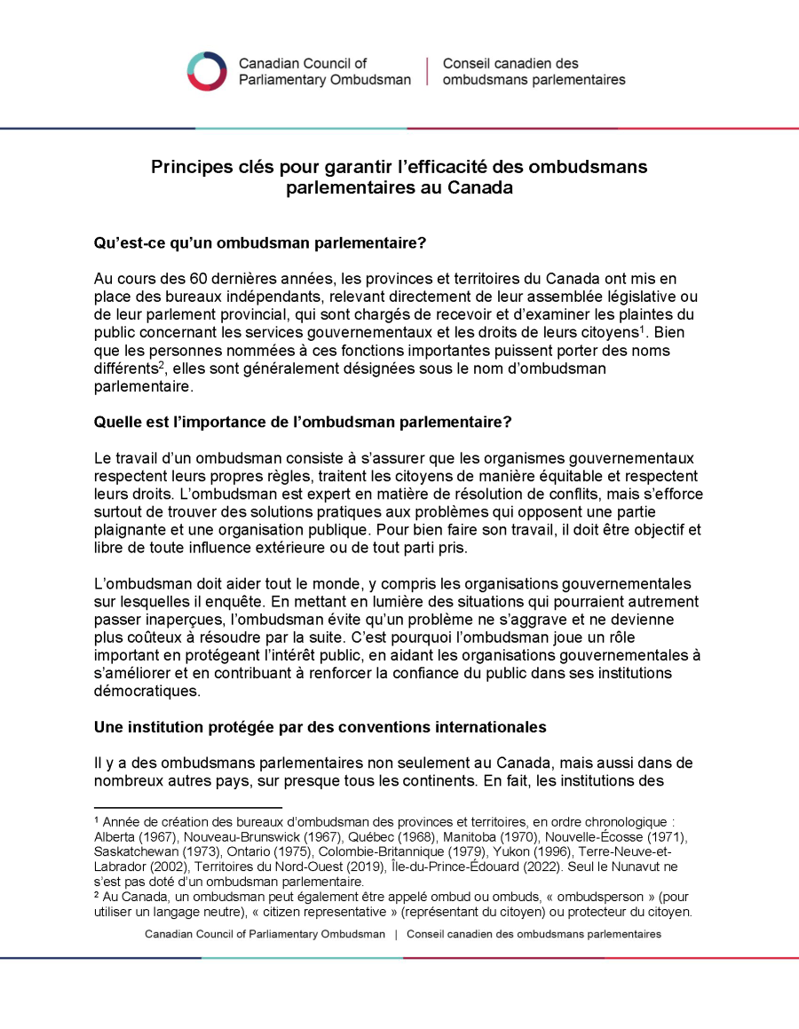 Principes clés pour garantir lefficacité des ombudsmans parlementaires au Canada
