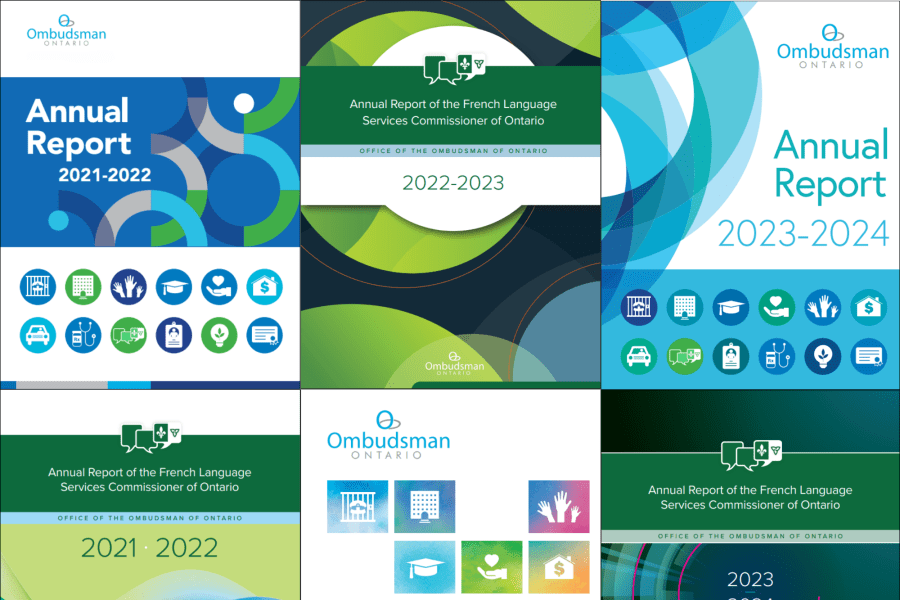 A collage of Ombudsman Ontario annual report covers.